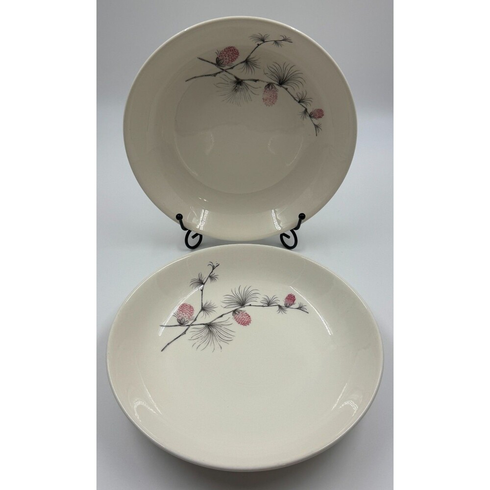 Set of 2 Vintage Skyline Canonsburg Pottery Pink Pine Cones Soup Bowls